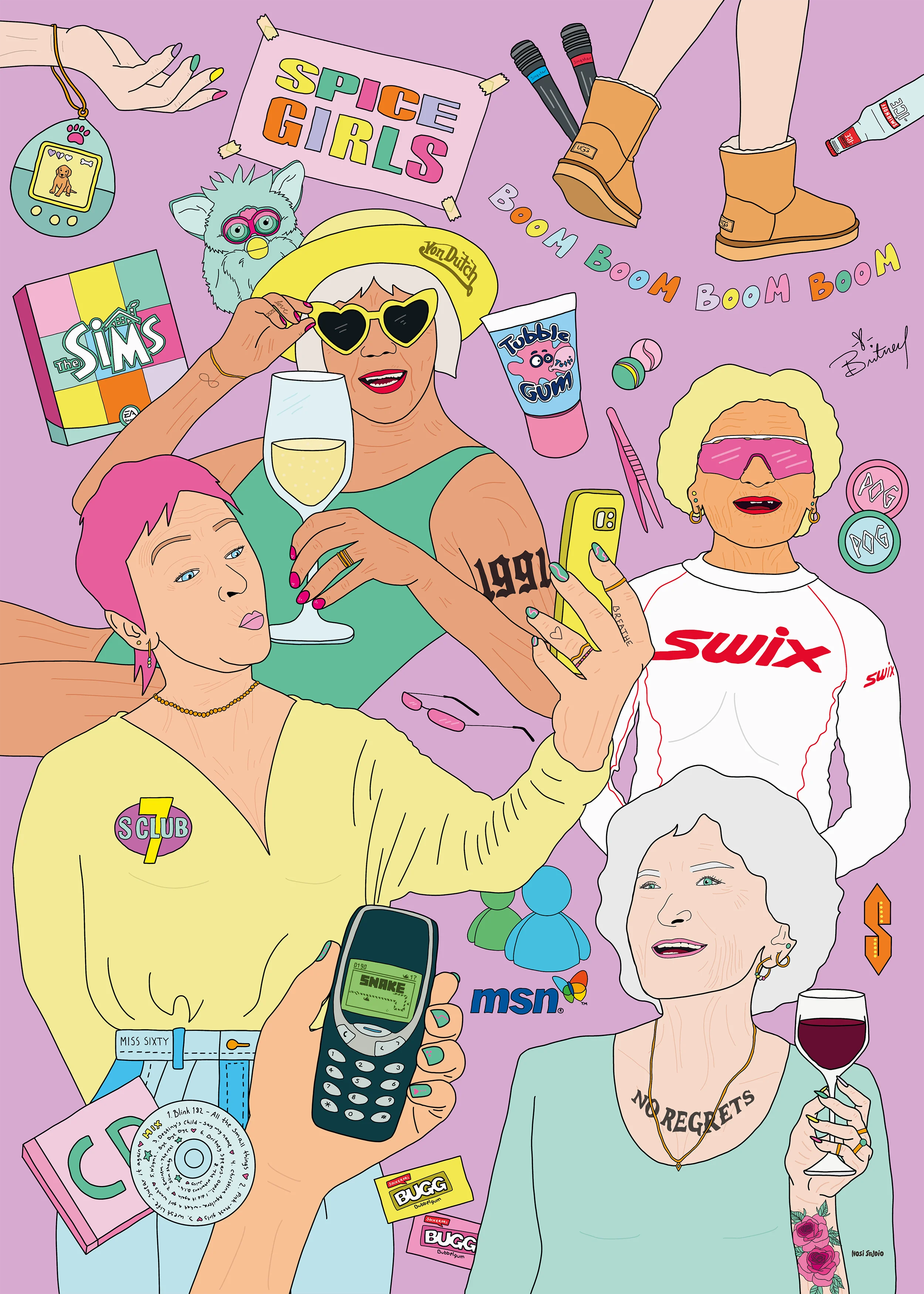 Fargerik kunstplakat med futuristisk motiv for 90-tallsbarn – lilla versjon med retro og moderne detaljer.