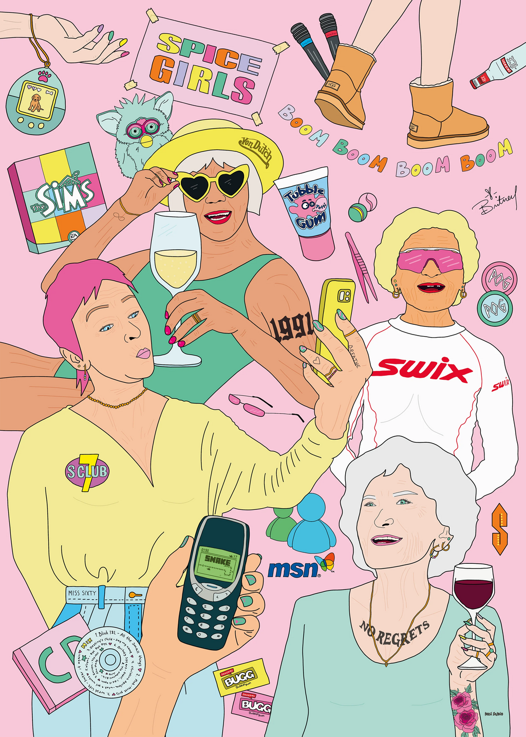 90-tallsinspirert plakat med popkulturmotiv – rosa bakgrunn og detaljer fra barndommens storhetstid.