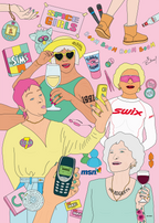 90-tallsinspirert plakat med popkulturmotiv – rosa bakgrunn og detaljer fra barndommens storhetstid.