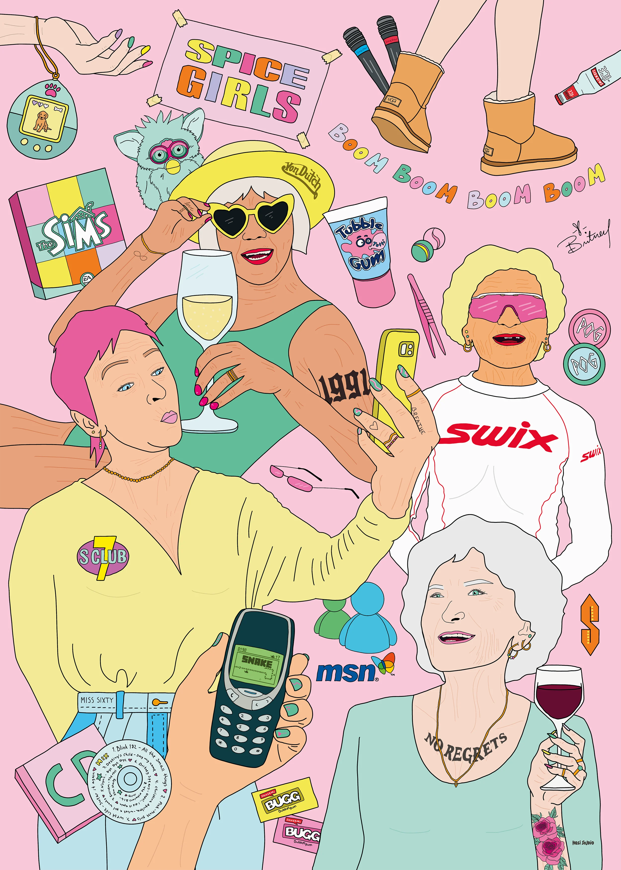 90-tallsinspirert plakat med popkulturmotiv – rosa bakgrunn og detaljer fra barndommens storhetstid.