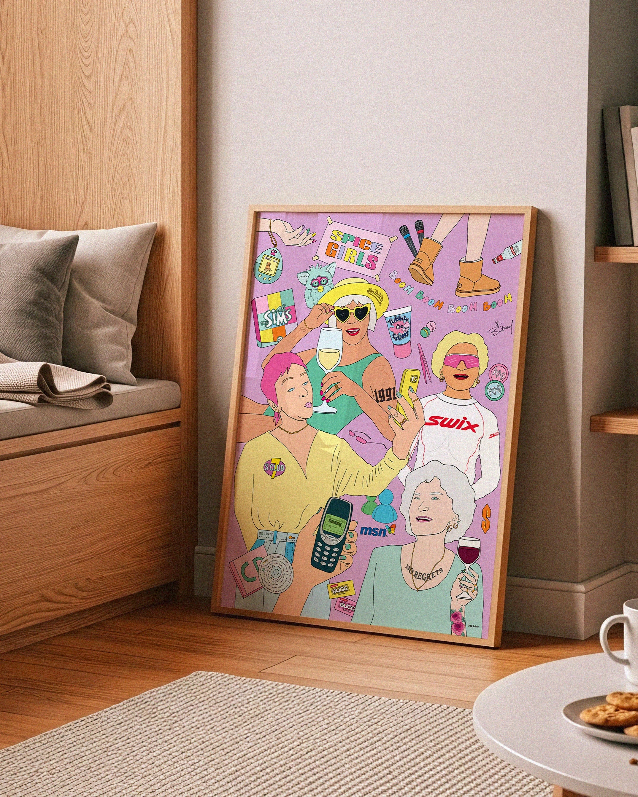Fargerik kunstplakat med futuristisk motiv for 90-tallsbarn – lilla versjon med retro og moderne detaljer.