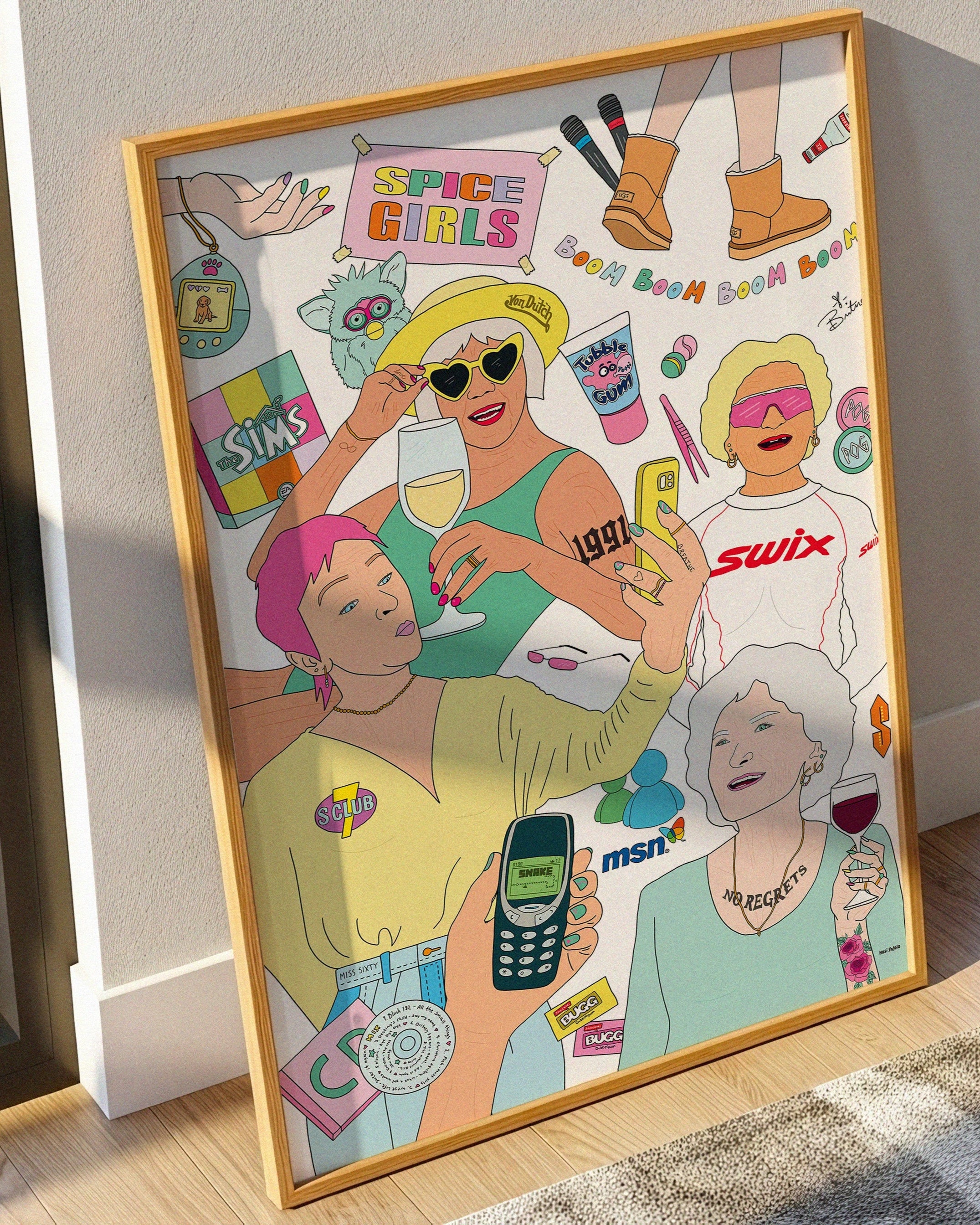 Kunstplakat for 90-tallsnostalgi i hvit farge – med Tamagotchi, MSN, CD og retro-ikonografi.