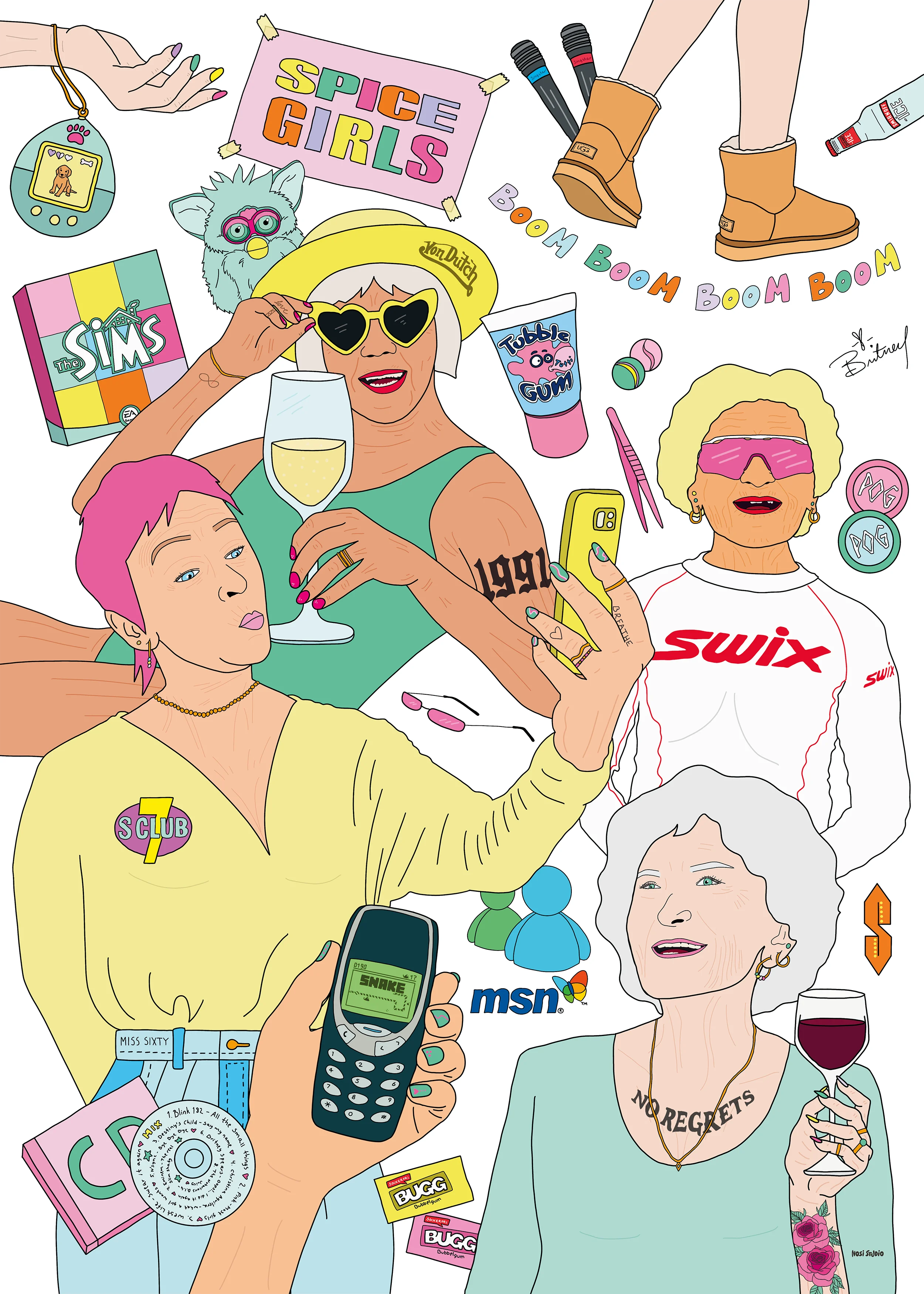 Kunstplakat for 90-tallsnostalgi i hvit farge – med Tamagotchi, MSN, CD og retro-ikonografi.