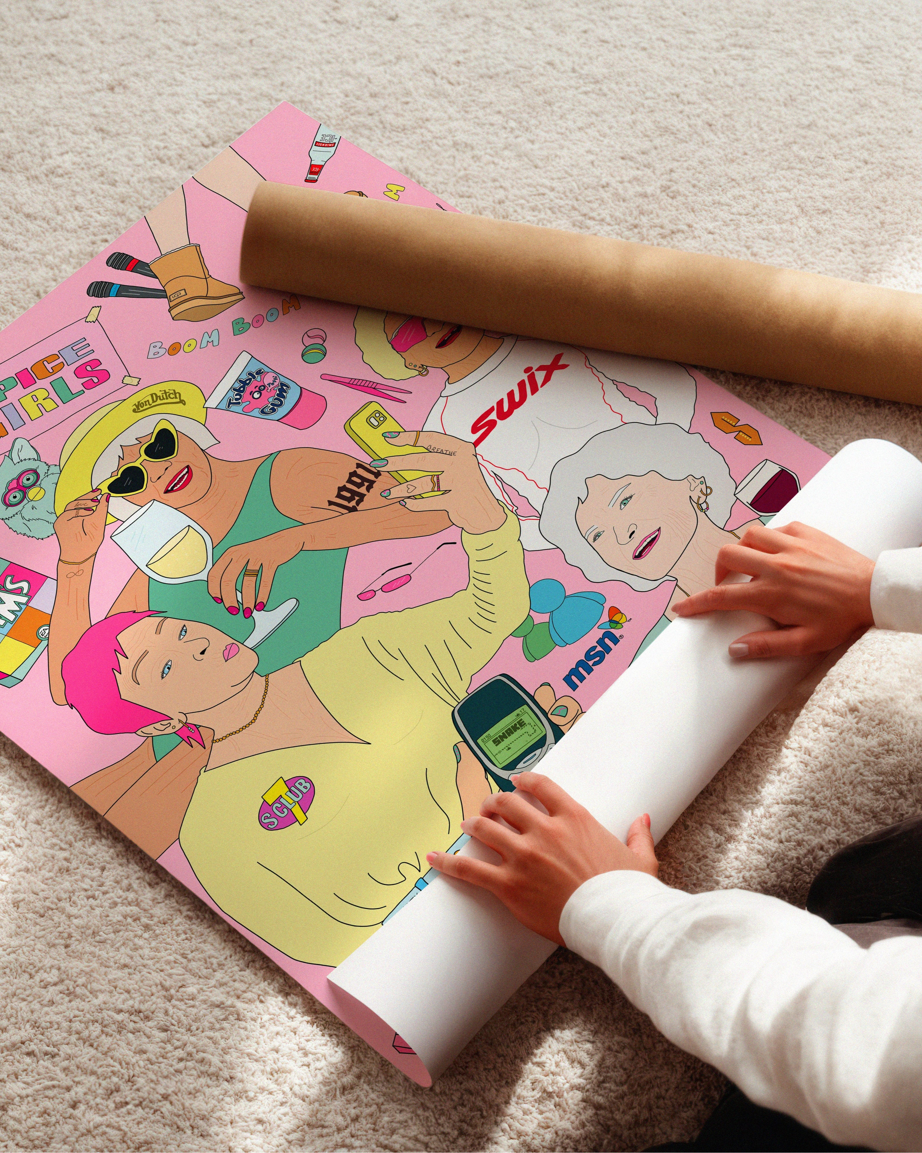 90-tallsinspirert plakat med popkulturmotiv – rosa bakgrunn og detaljer fra barndommens storhetstid.