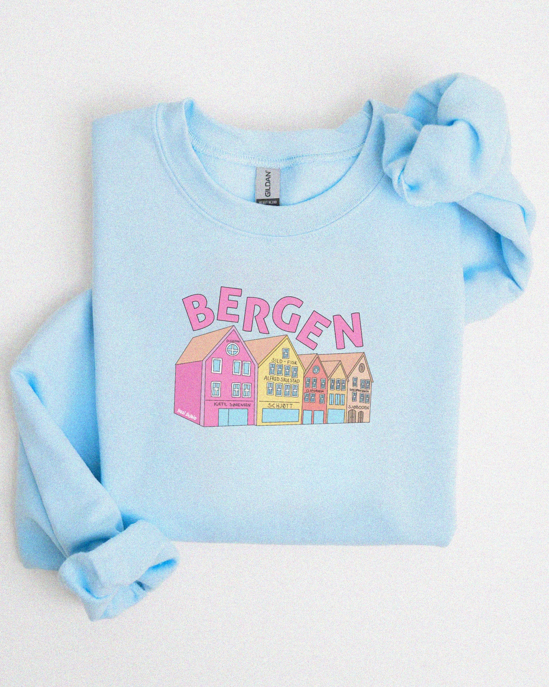 Unisex sweatshirt med teksten “Bergenseren” – tykk og myk collegegenser i klassisk passform, perfekt for hverdagsbruk og bergensvær.