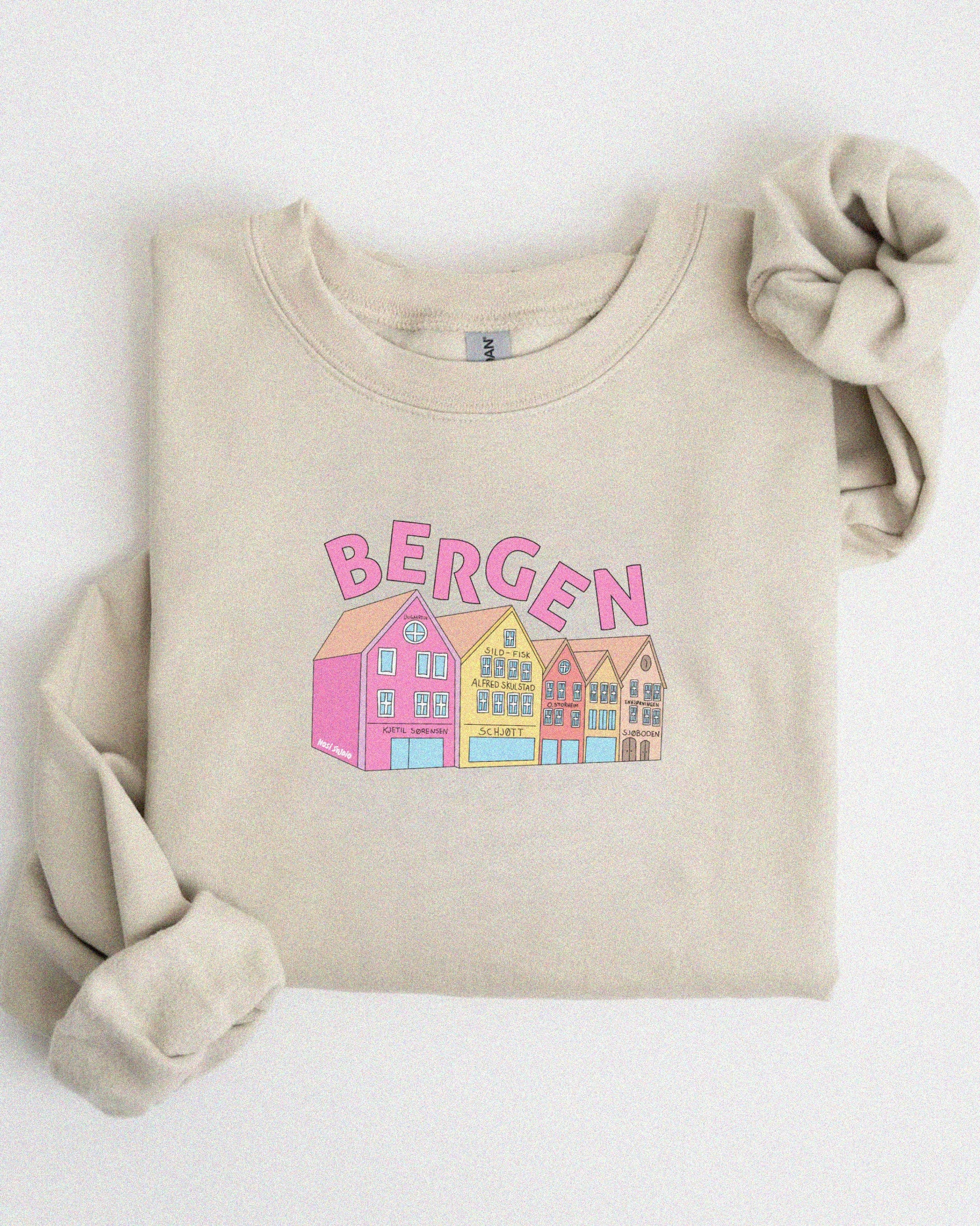 Unisex sweatshirt med teksten “Bergenseren” – tykk og myk collegegenser i klassisk passform, perfekt for hverdagsbruk og bergensvær.