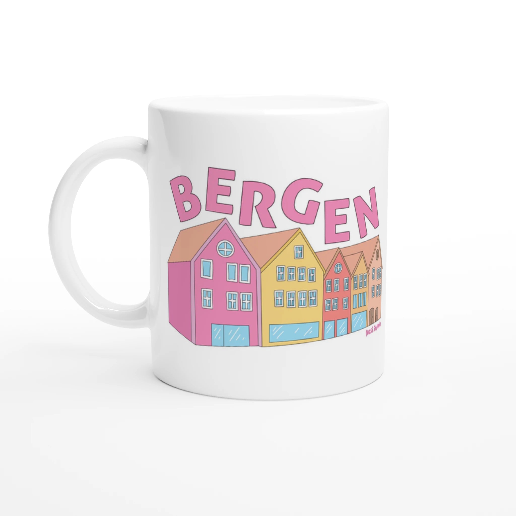 Keramikkrus med Bergen-motiv i pastellfarger, hvit kopp