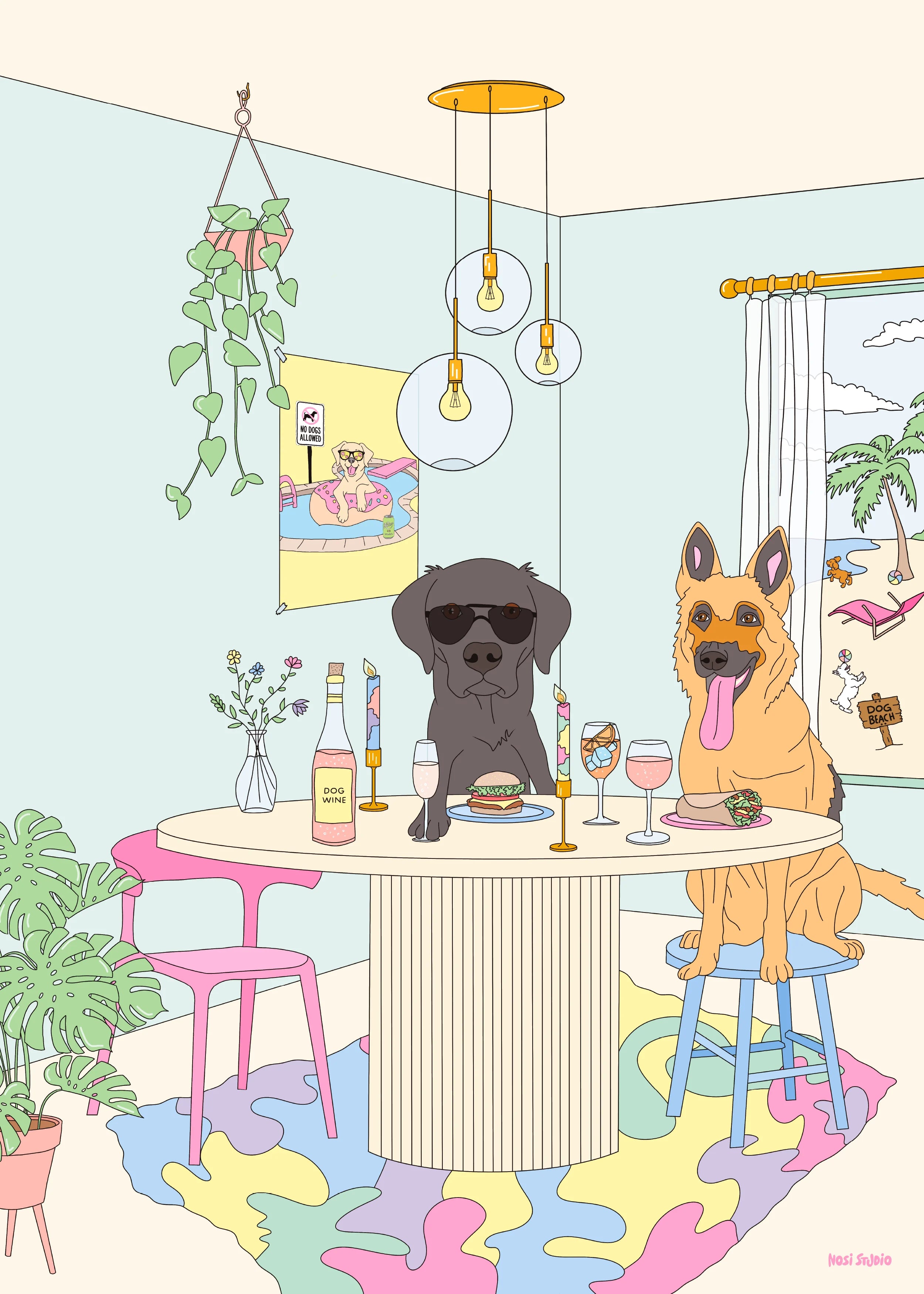 Kunstplakat med to hunder som drikker vin og spiser lunsj ved bordet – fargerikt og humoristisk motiv inspirert av ekte hunder.

