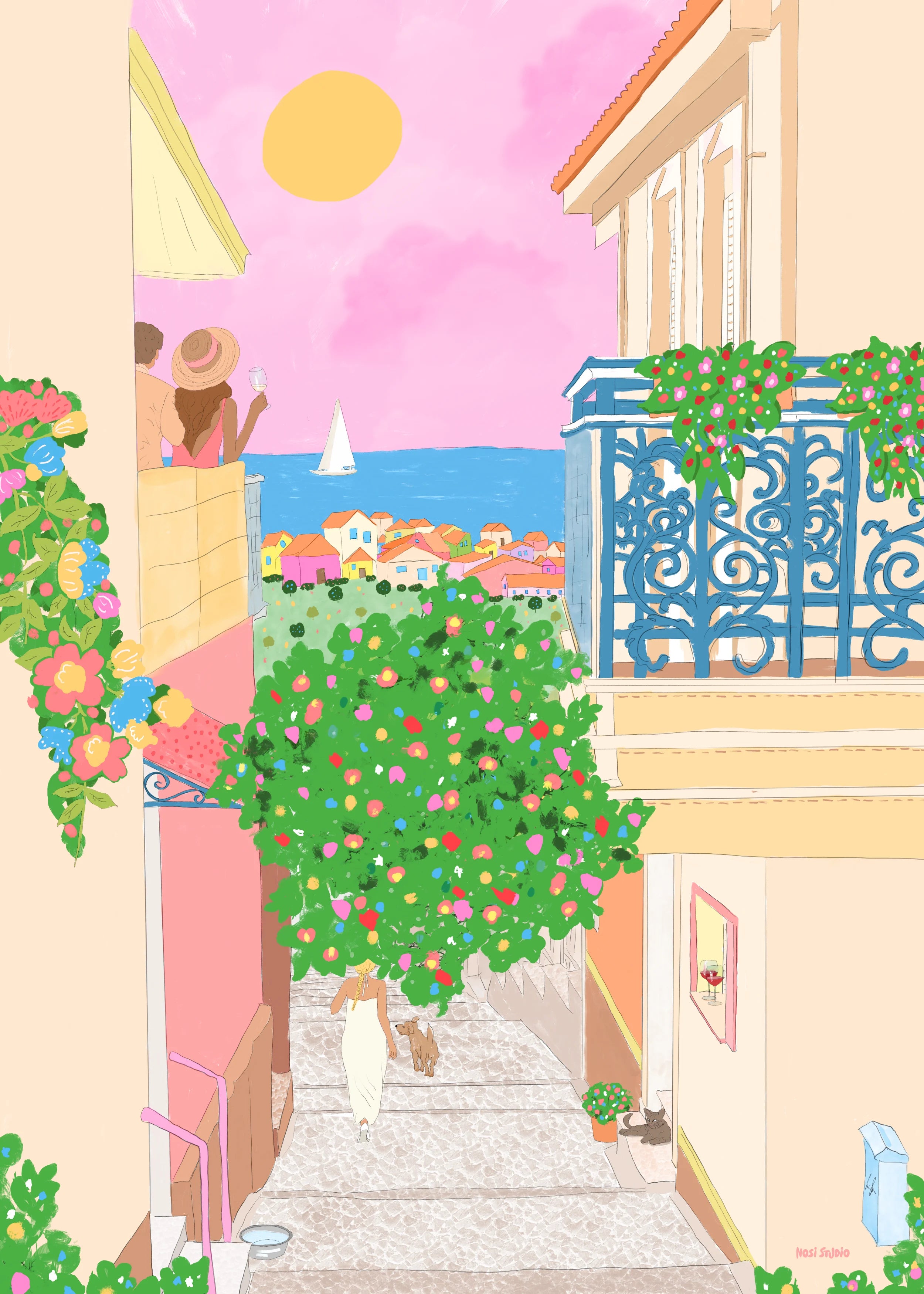 Kunstplakat av italiensk smug med sjøutsikt, appelsintre og blomster. En kvinne med hund går i trappen, mens to nyter utsikten med et glass vin.