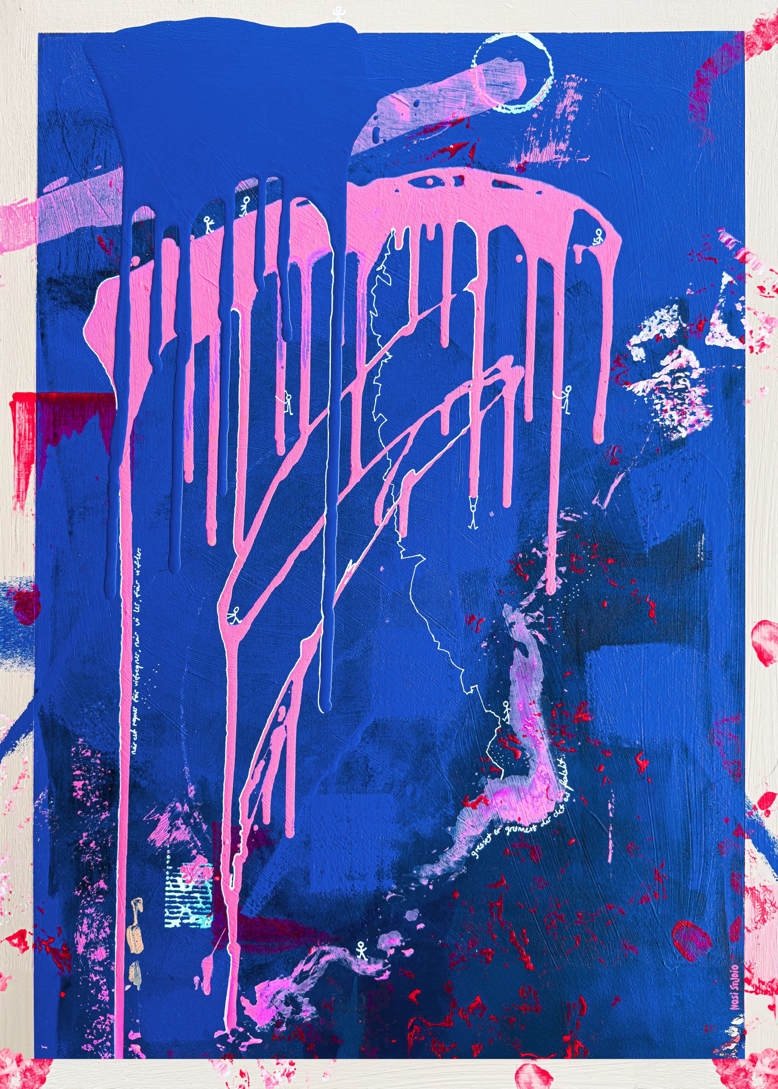 Abstrakt kunstplakat med dryppende rosa linjer på blå bakgrunn – mixed media-verk med små figurer og tekstdetaljer. Inspirert av bevegelse og mot.