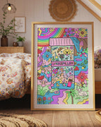 Fargerik kunstplakat med illustrert pilleeske fylt med lykkesymboler – som dyr, vin, pizza, blomster, enhjørning og sjokolade.