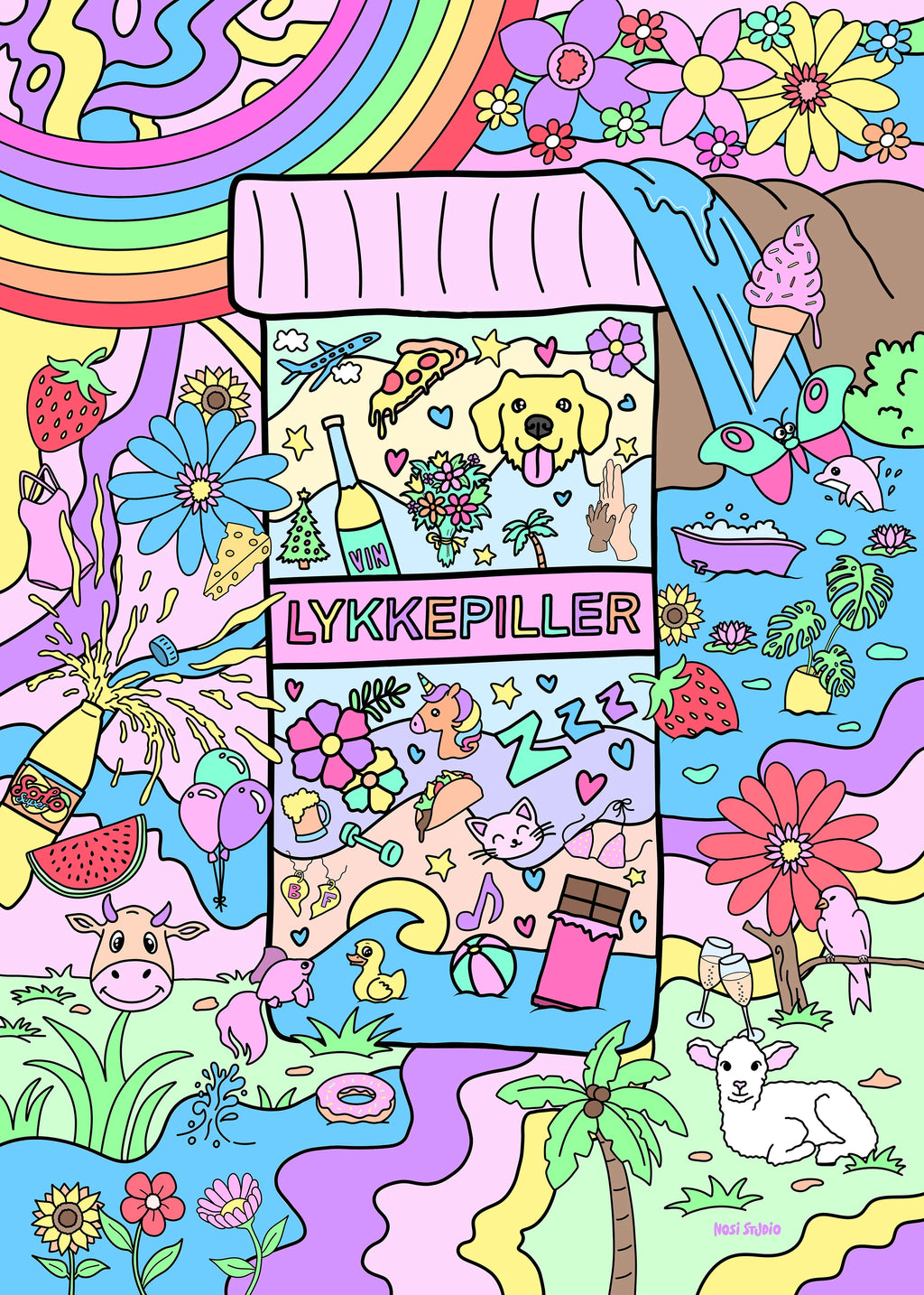 Fargerik kunstplakat med illustrert pilleeske fylt med lykkesymboler – som dyr, vin, pizza, blomster, enhjørning og sjokolade.