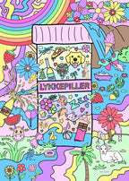 Fargerik kunstplakat med illustrert pilleeske fylt med lykkesymboler – som dyr, vin, pizza, blomster, enhjørning og sjokolade.