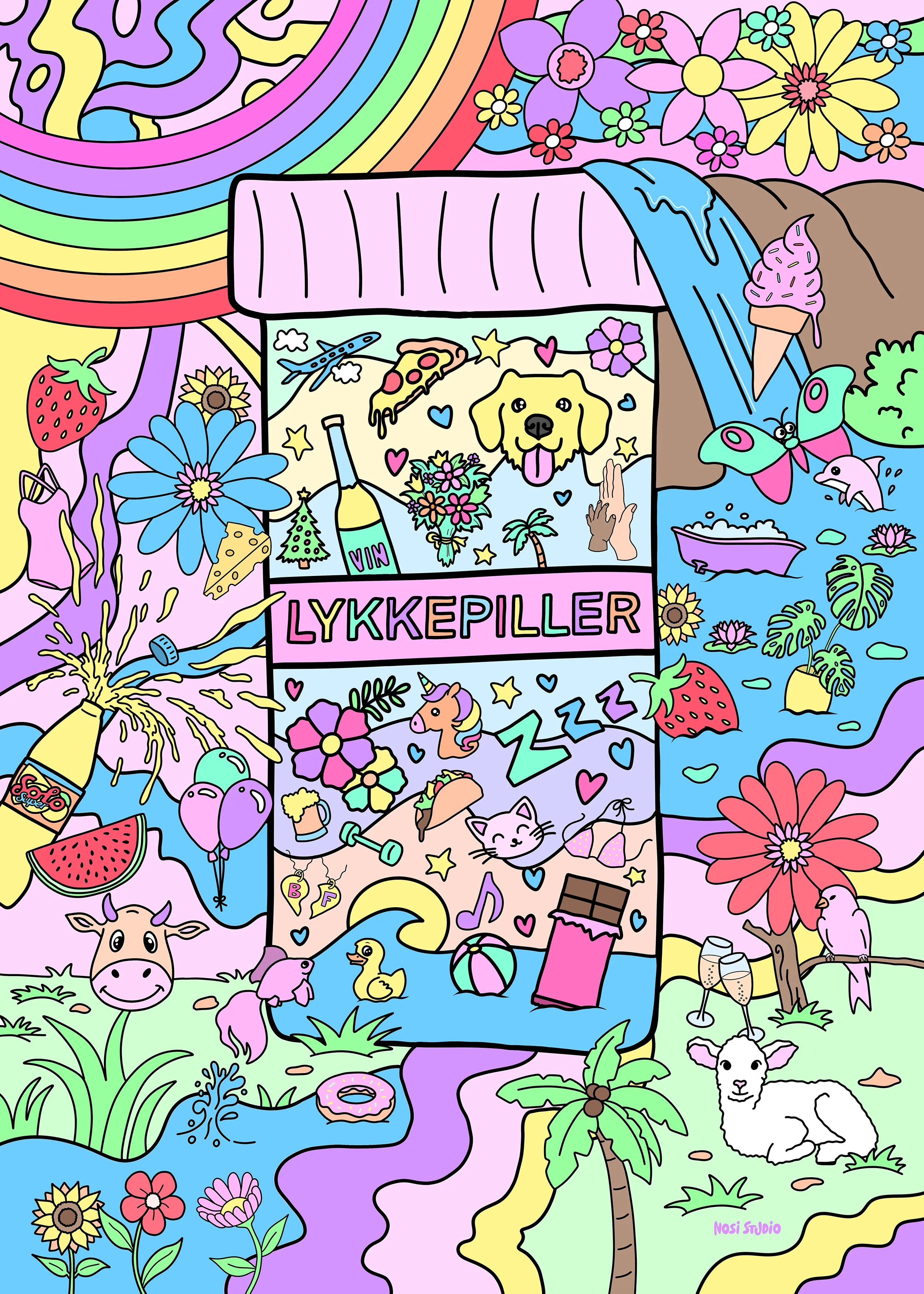 Fargerik kunstplakat med illustrert pilleeske fylt med lykkesymboler – som dyr, vin, pizza, blomster, enhjørning og sjokolade.