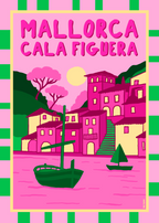 Kunstplakat av Cala Figuera på Mallorca – fargerik illustrasjon med trappetrinn, båter og pastellfargede hus.