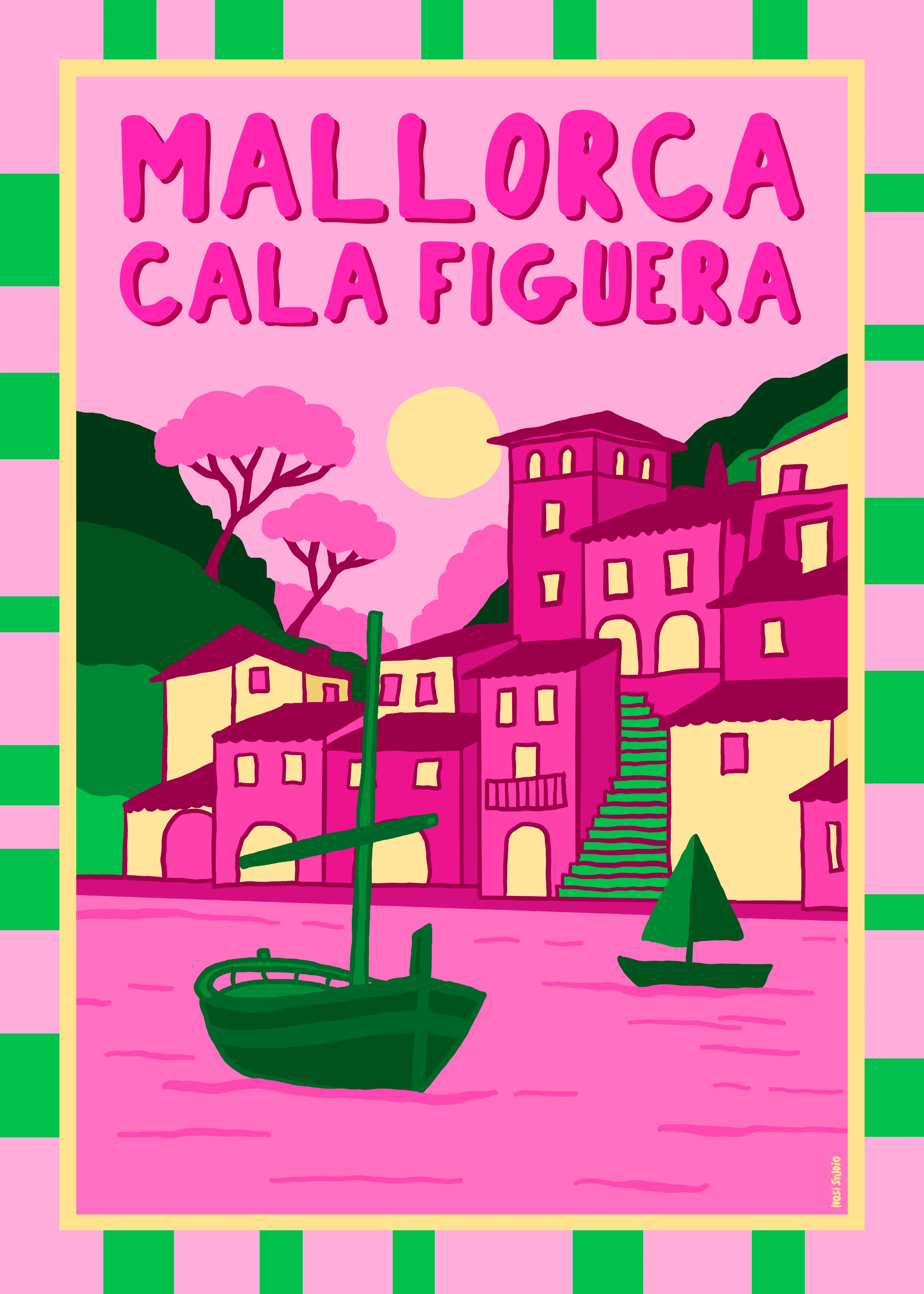 Kunstplakat av Cala Figuera på Mallorca – fargerik illustrasjon med trappetrinn, båter og pastellfargede hus.