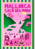 Kunstplakat med Caló Des Moro-stranden på Mallorca – rosa og grønn illustrasjon med badeliv, båter og sommerstemning.