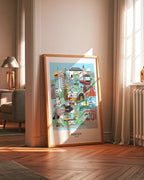 Fargerik kunstplakat med motiv fra Bergen – moderne illustrasjon av byens sjel, oppfølger til originalen “Mitt Bergen”.
