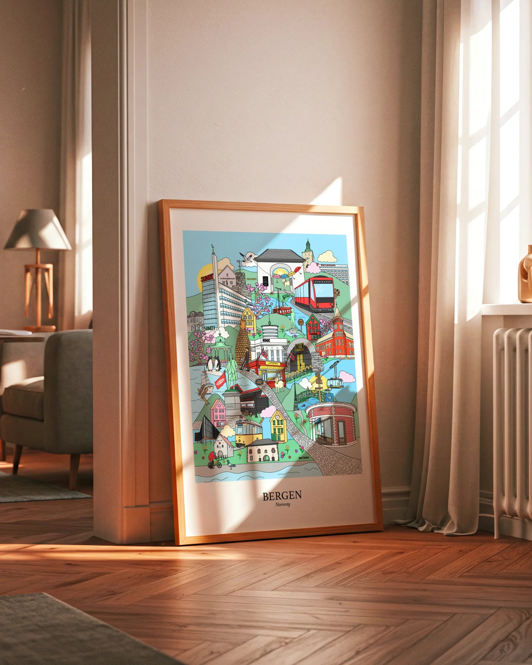 Fargerik kunstplakat med motiv fra Bergen – moderne illustrasjon av byens sjel, oppfølger til originalen “Mitt Bergen”.