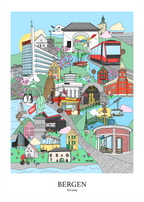 Fargerik kunstplakat med motiv fra Bergen – moderne illustrasjon av byens sjel, oppfølger til originalen “Mitt Bergen”.