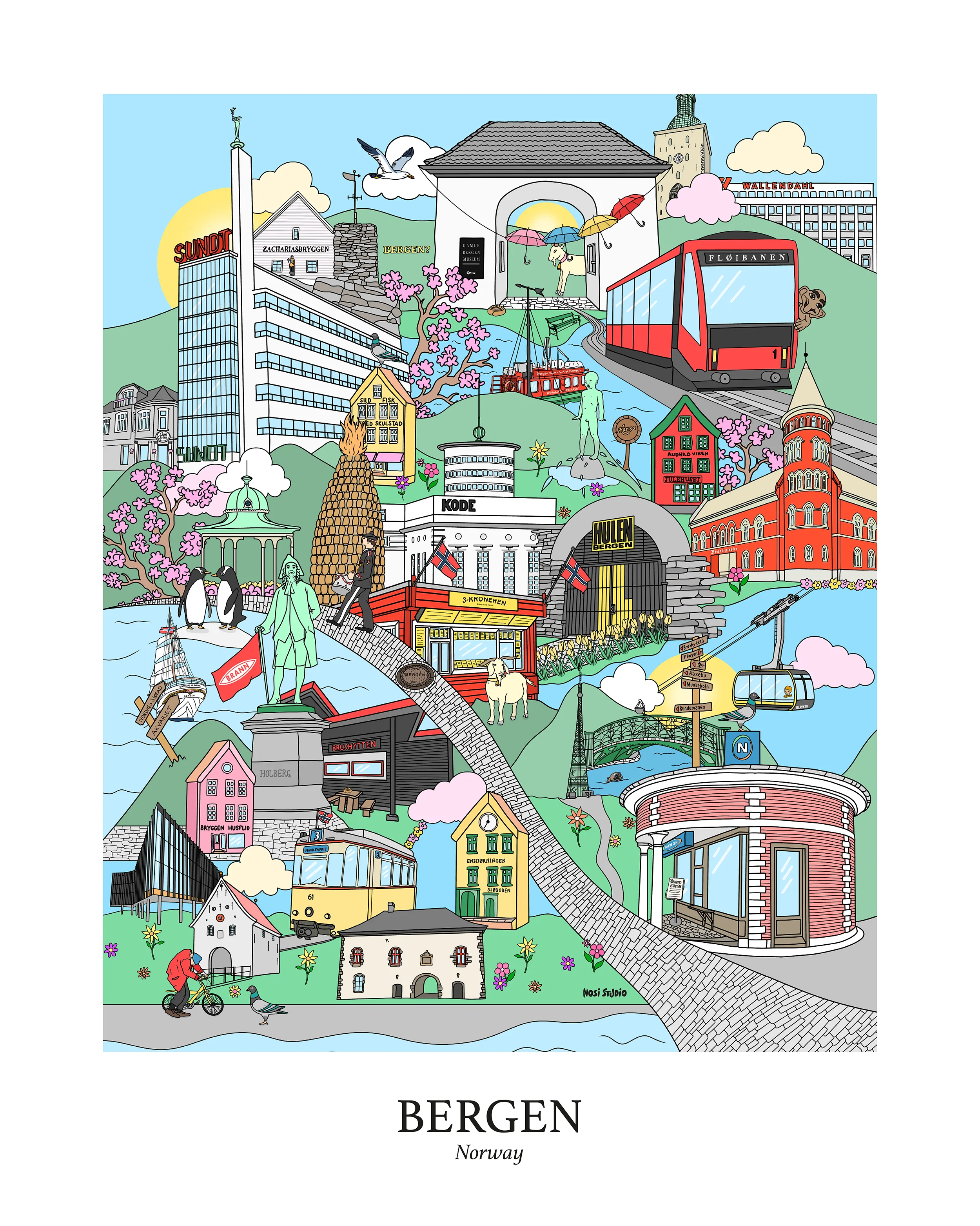 Fargerik kunstplakat med motiv fra Bergen – moderne illustrasjon av byens sjel, oppfølger til originalen “Mitt Bergen”.