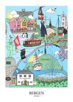 Fargerik kunstplakat med motiv fra Bergen – illustrert hyllest til byens arkitektur og atmosfære. Mest populære bilde fra Nosi Studio.