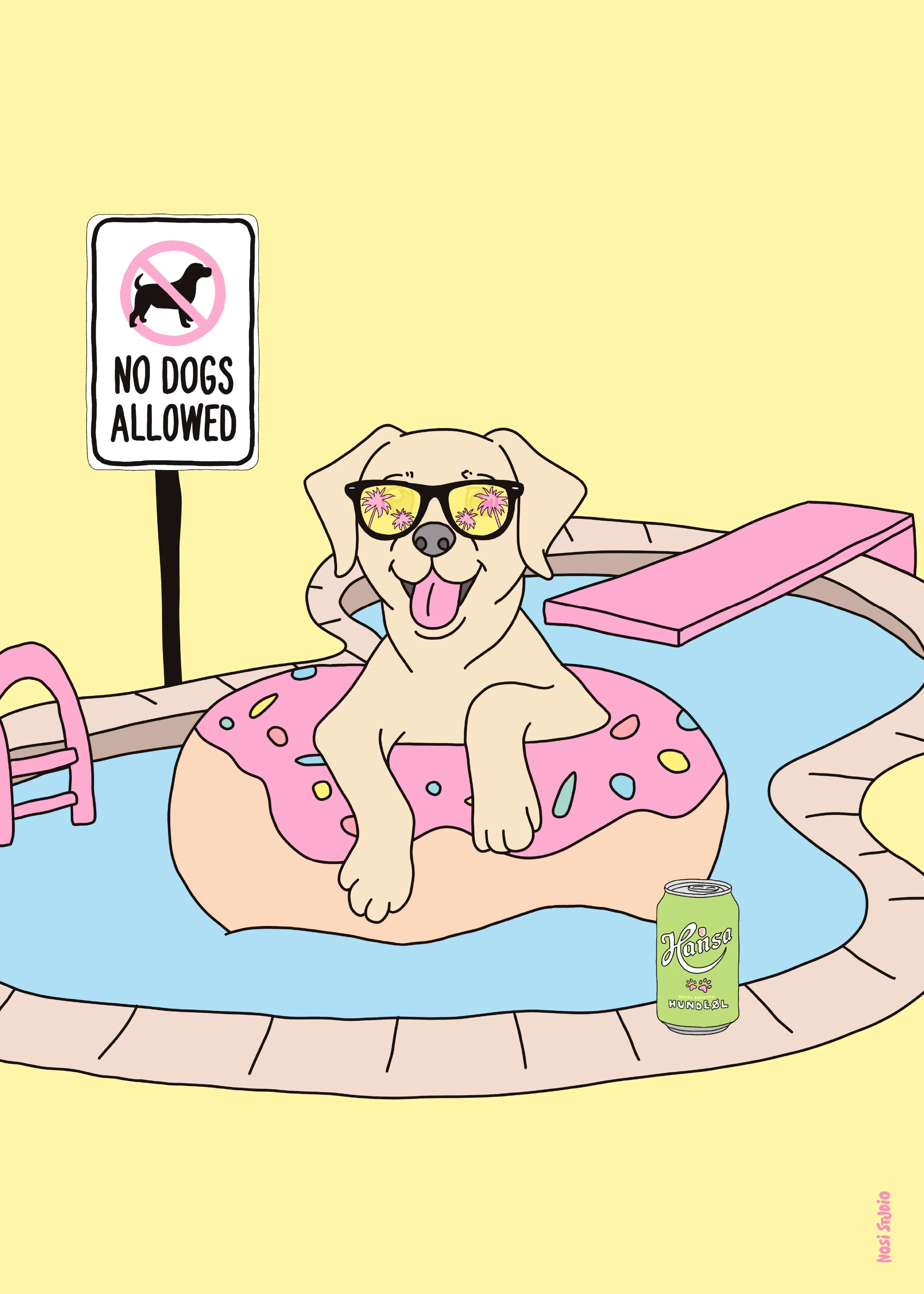 Kunstplakat med hund i donut-badering i basseng – solbriller, “no dogs allowed”-skilt og humoristisk feriestemning.