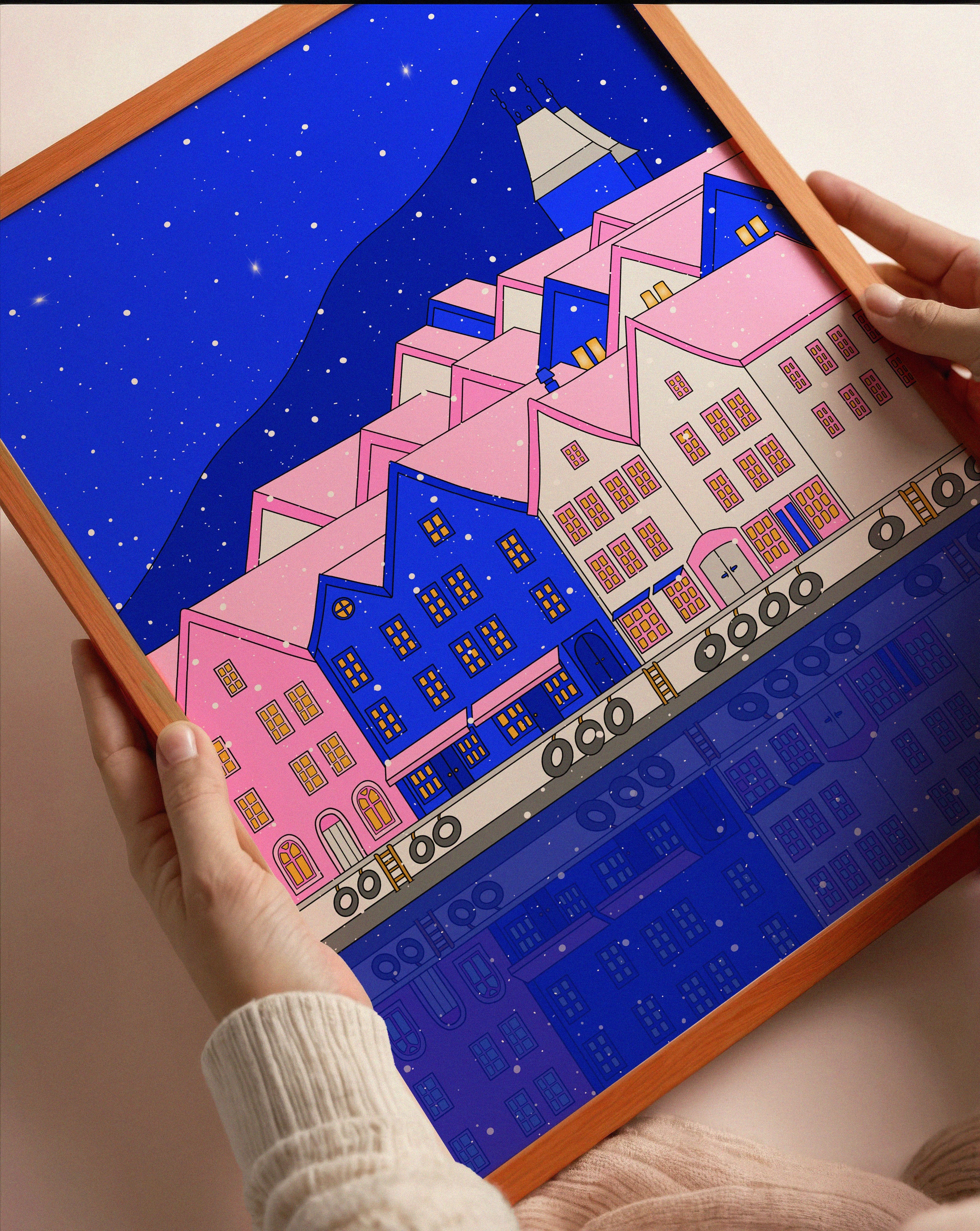 Illustrert plakat av Bryggen i Bergen – kveldsstemning med refleksjoner og regn. En del av kunstserien Bergen at night.