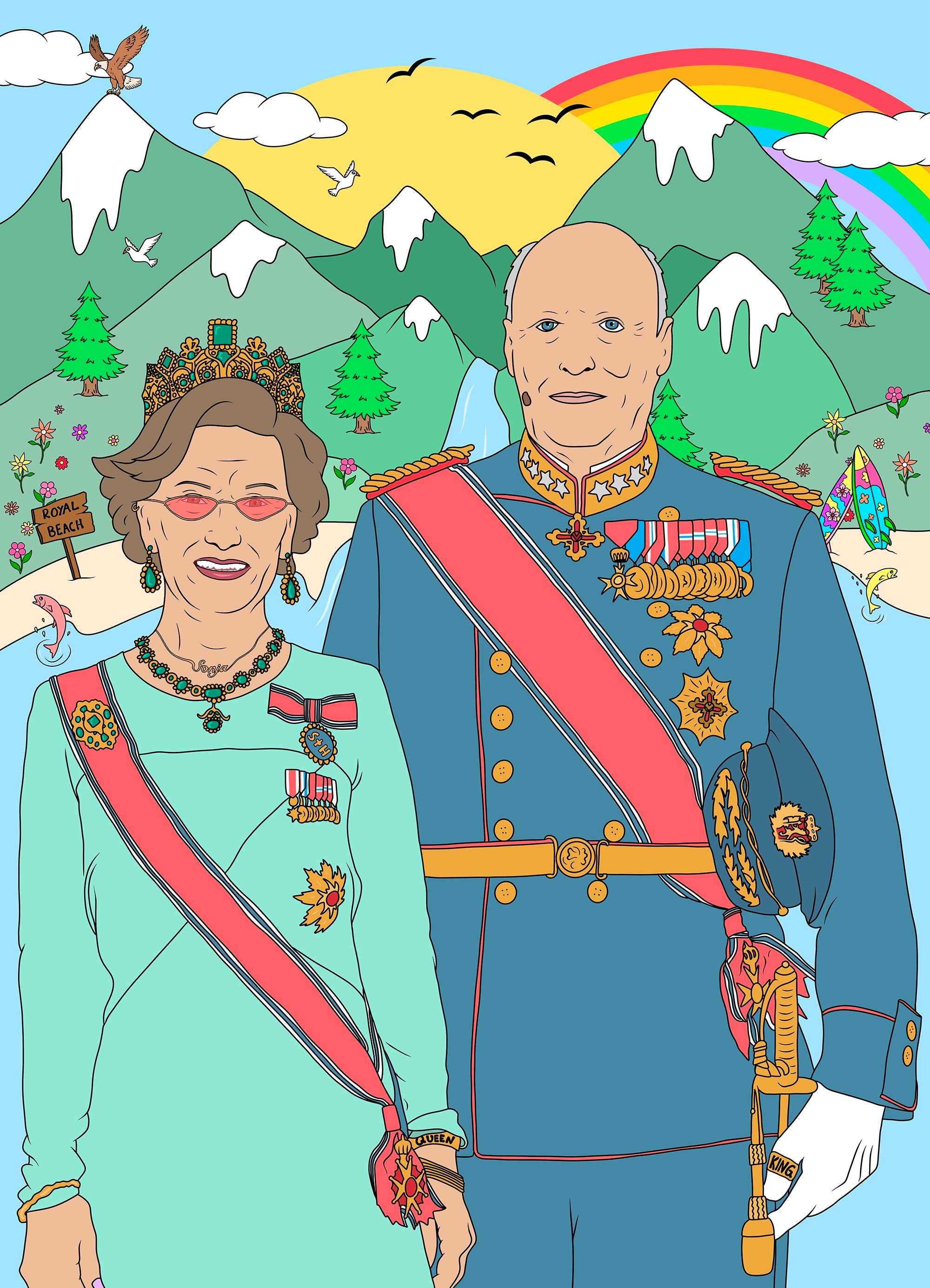 Illustrert plakat med strandmotiv og kongeparet – fargerik og humoristisk kunst til hjemmet, trykket på matt papir.