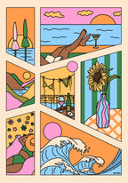 Fargerik kunstplakat med illustrasjoner av sommerlige scener – strand, sjø, blomster og solnedgang, i klare og retro-inspirerte farger.