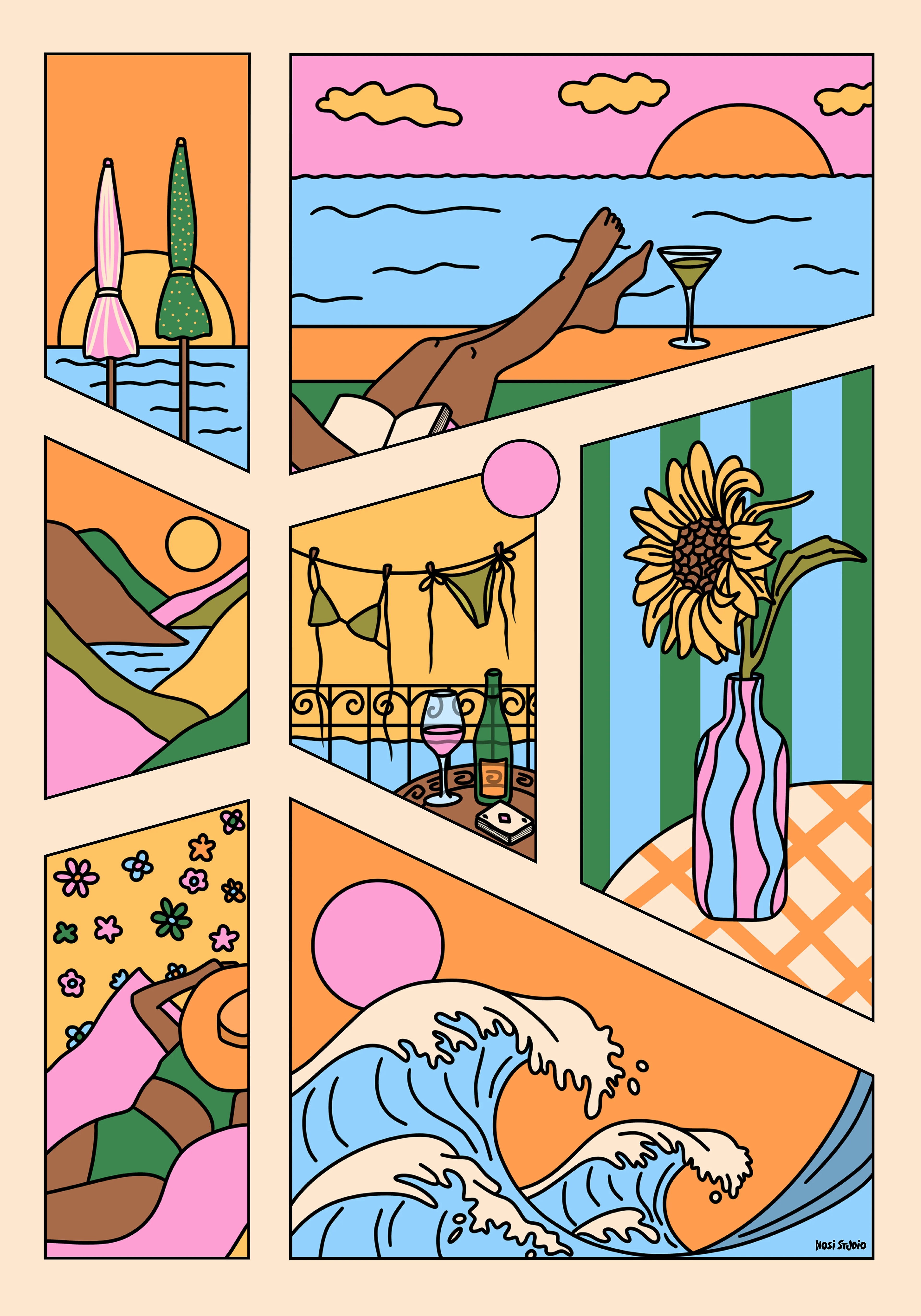 Fargerik kunstplakat med illustrasjoner av sommerlige scener – strand, sjø, blomster og solnedgang, i klare og retro-inspirerte farger.