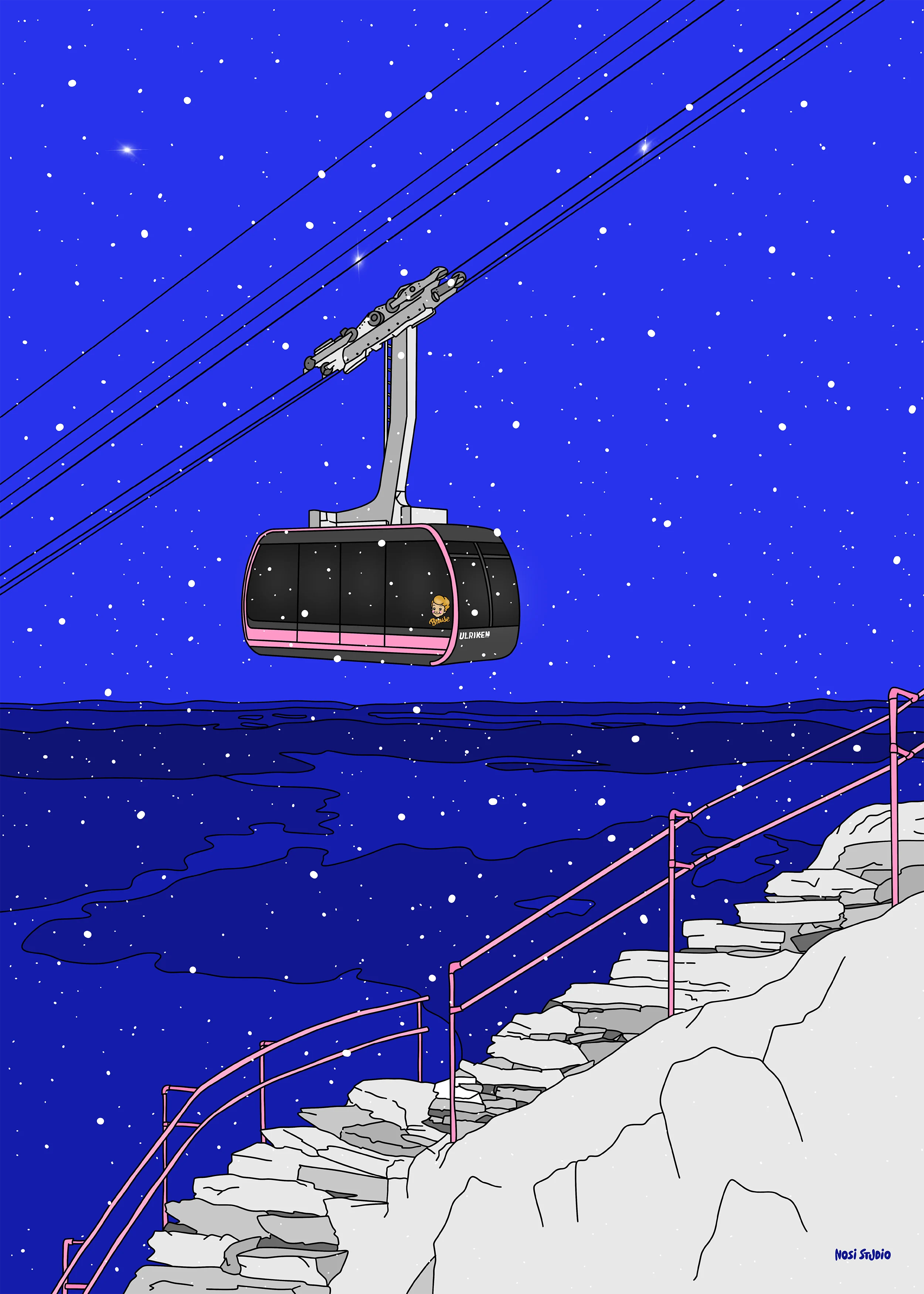 Kunstplakat med steintrappen opp mot Ulriken i Bergen – med fjellbanen og kveldshimmel. En del av serien Bergen at night.