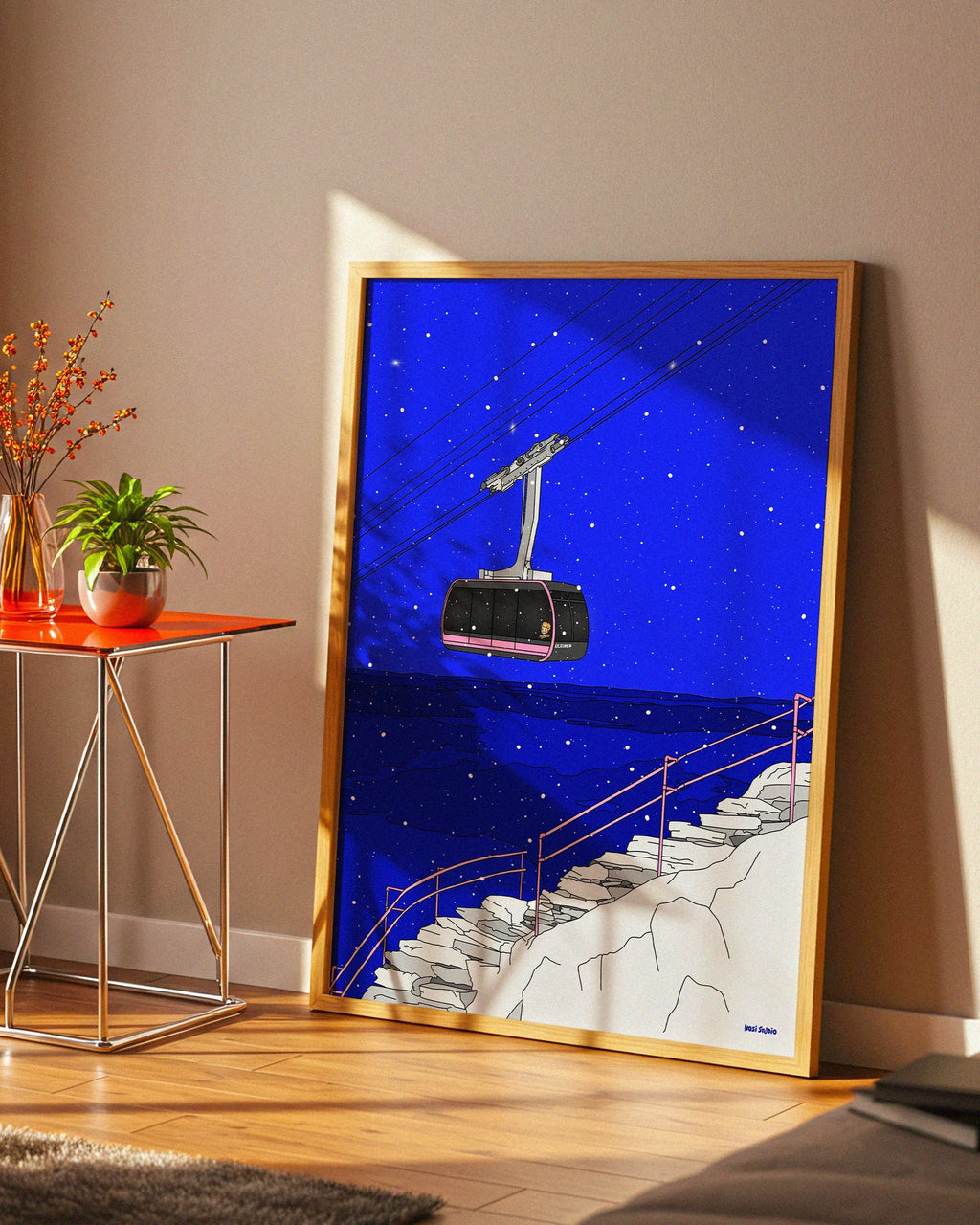 Kunstplakat med steintrappen opp mot Ulriken i Bergen – med fjellbanen og kveldshimmel. En del av serien Bergen at night.