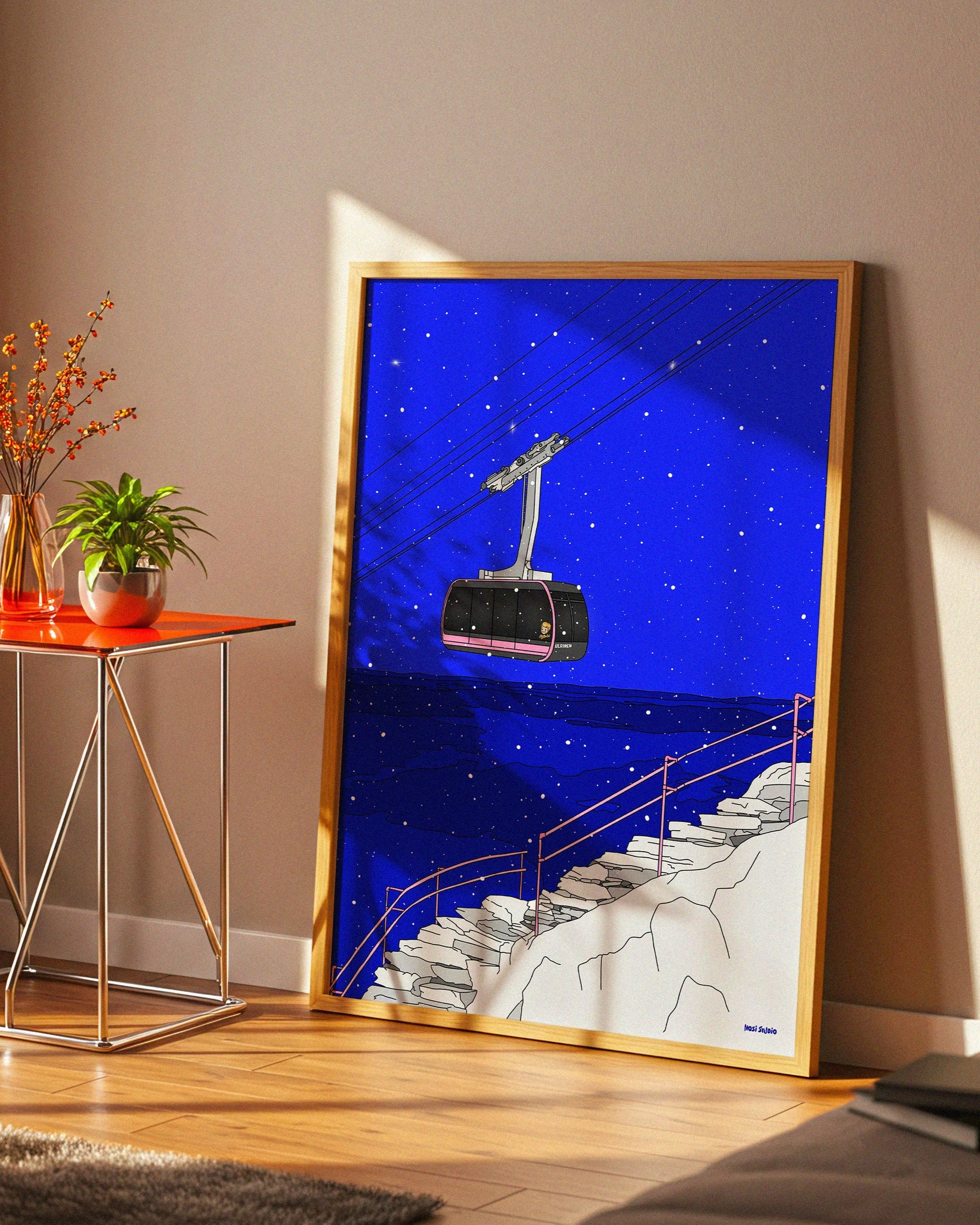 Kunstplakat med steintrappen opp mot Ulriken i Bergen – med fjellbanen og kveldshimmel. En del av serien Bergen at night.