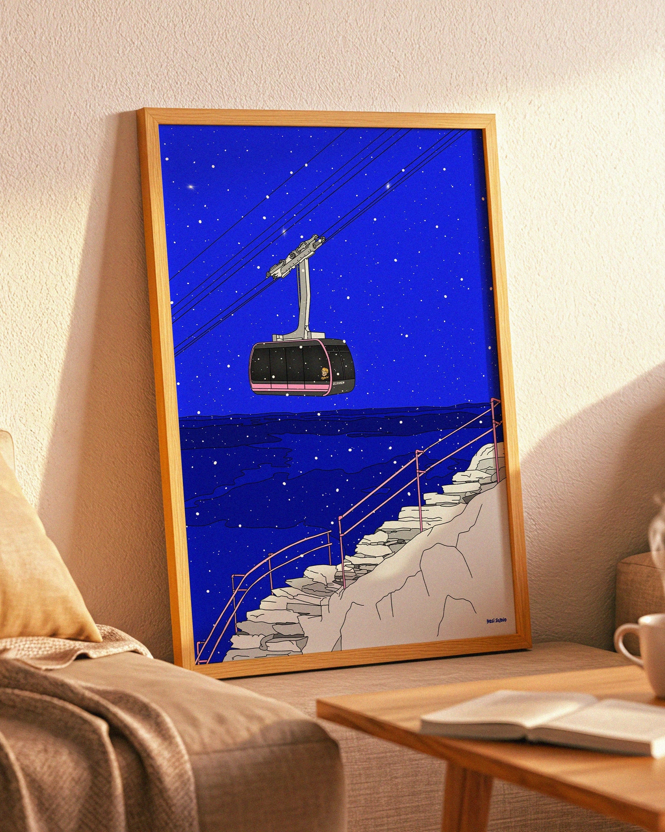 Kunstplakat med steintrappen opp mot Ulriken i Bergen – med fjellbanen og kveldshimmel. En del av serien Bergen at night.