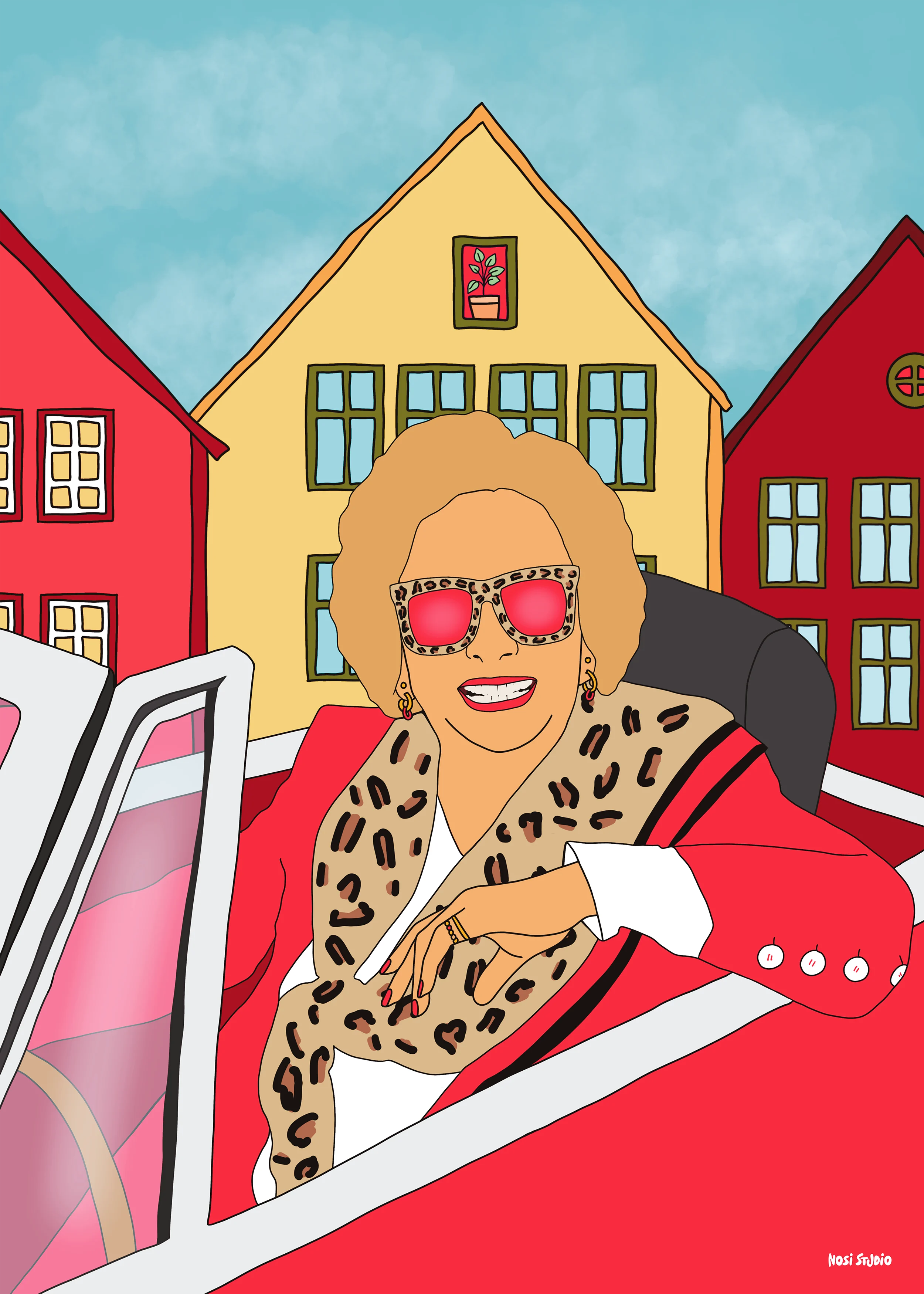 Kunstplakat av kvinne i rød bil foran Bryggen i Bergen – med solbriller og leopardmønster. Fargerik, humoristisk illustrasjon med attitude.