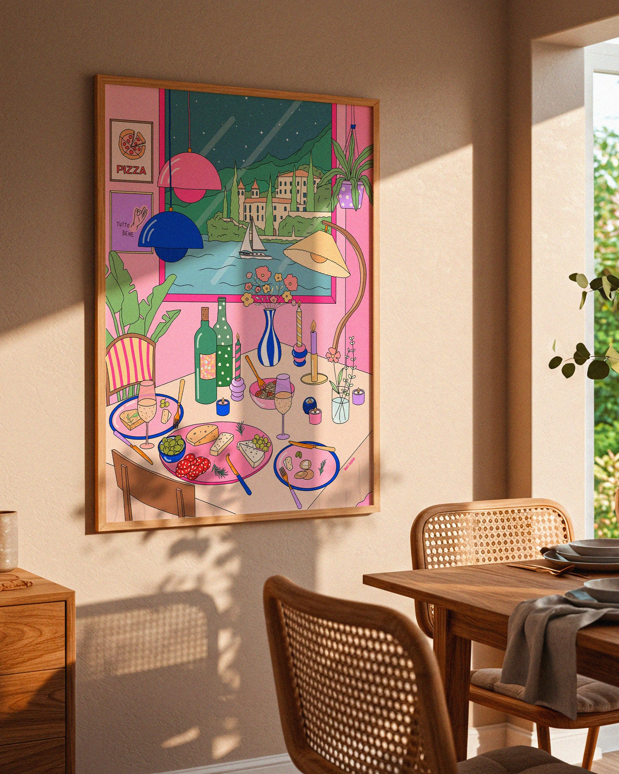Fargerik plakat med italiensk motiv – Gardasjøen, ost, pasta og vin. Perfekt for kjøkken eller stue, trykket på matt kunstpapir.