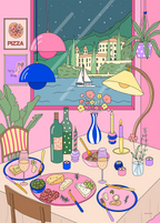 Fargerik plakat med italiensk motiv – Gardasjøen, ost, pasta og vin. Perfekt for kjøkken eller stue, trykket på matt kunstpapir.