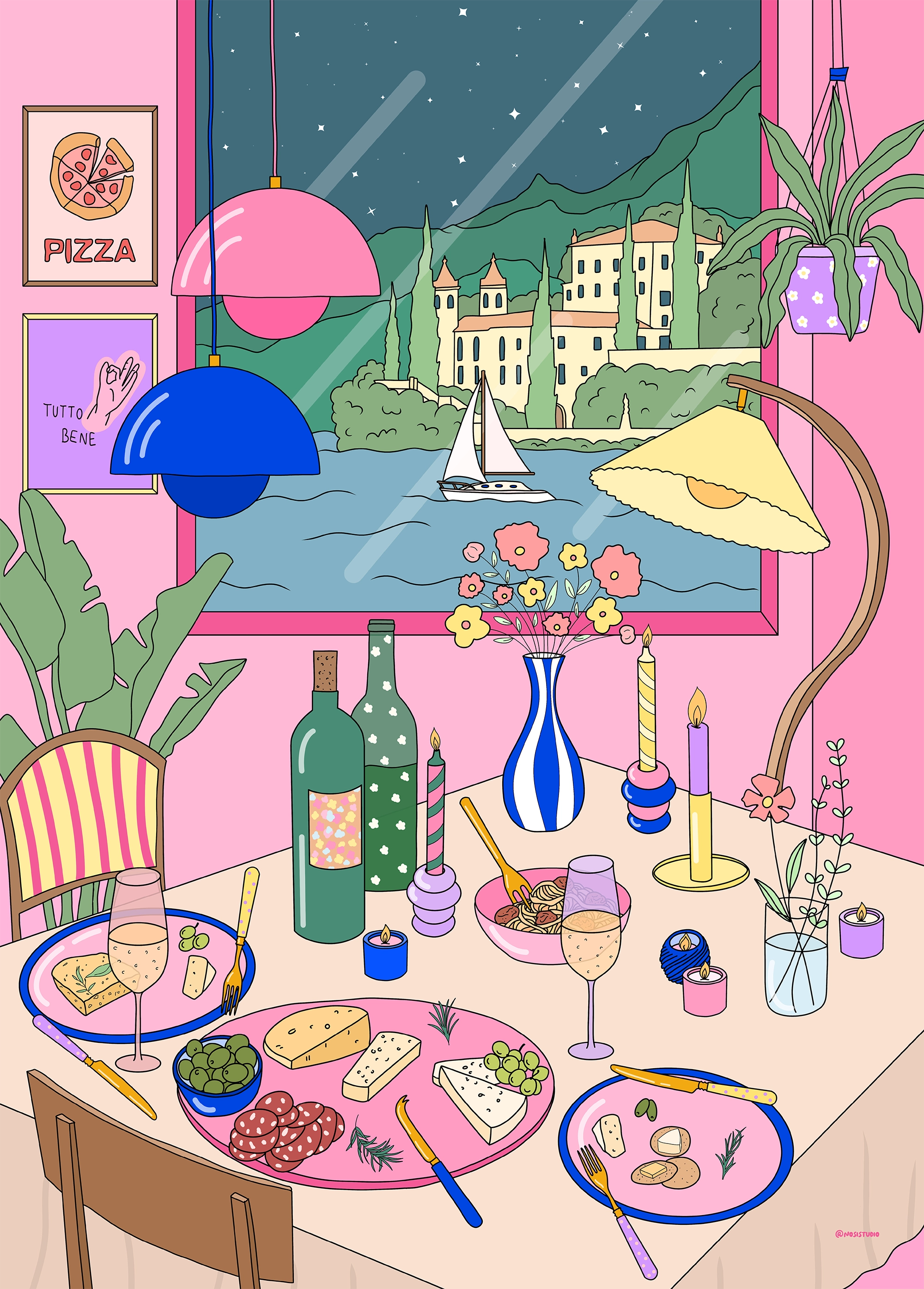 Fargerik plakat med italiensk motiv – Gardasjøen, ost, pasta og vin. Perfekt for kjøkken eller stue, trykket på matt kunstpapir.