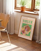 Plakat med vafler og brunost – grønn og rosa kjøkkenplakat i norsk retrostil.