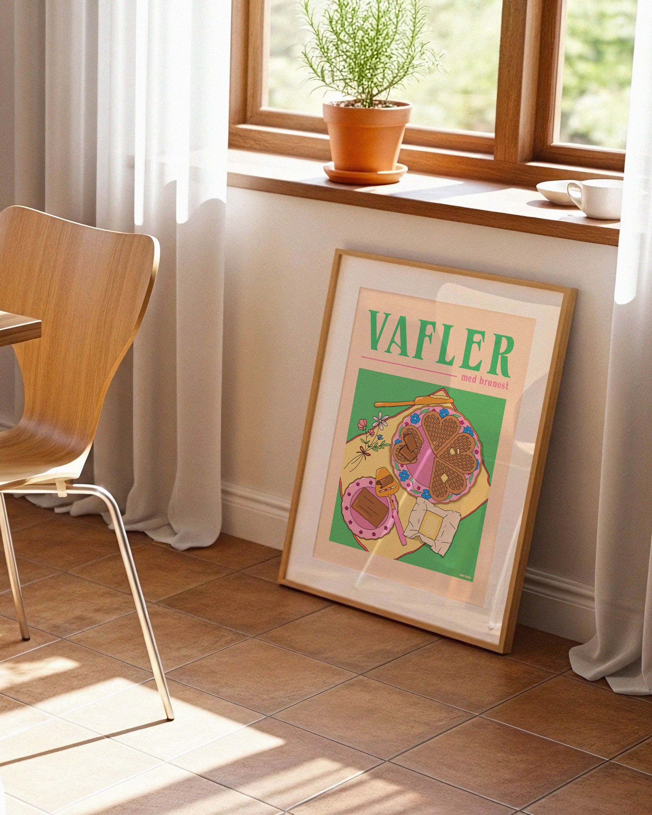Plakat med vafler og brunost – grønn og rosa kjøkkenplakat i norsk retrostil.